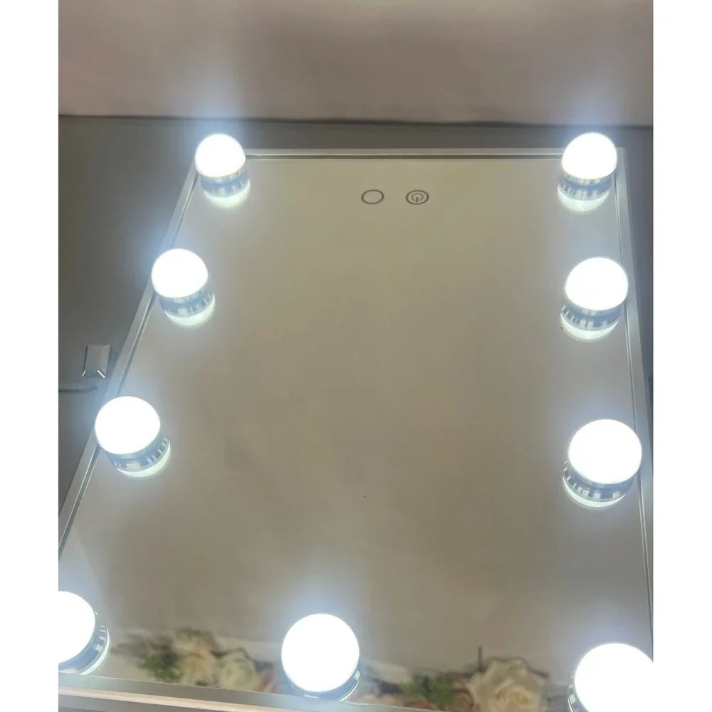 LED Hollywood Vanity Mirror Tabletop Makeup Mirror with 9 Dimmable Bulbs Silver